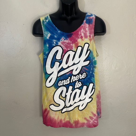Gay and Here to Sty Tie Dye Tank Top Small Gently worn 100% cotton 19.5" armpits - Picture 1 of 3